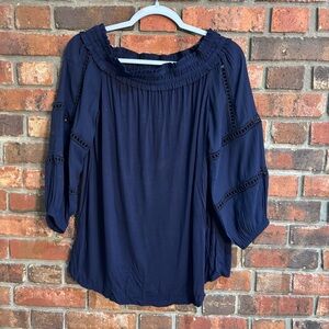Loft womens off the shoulder lacy sleeve romantic top navy S